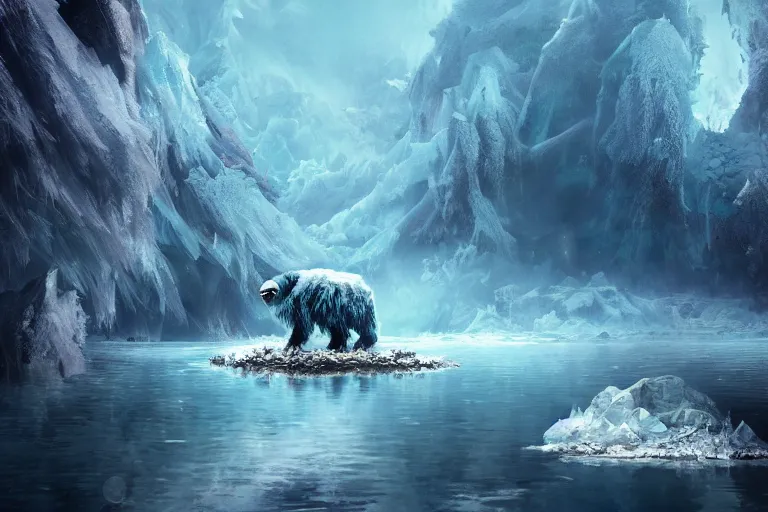 Prompt: crystallized yeti in the lake, breathtaking, mixed media, digital art, trending on artstation, deviantart, 8k, epic composition, intrinsic details, AAA graphics