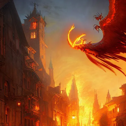 Prompt: Phoenix in fire flying through a medieval town by night, DnD character, unreal engine, octane render, dramatic lighting, pond, digital art, by Stanley Artgerm Lau, greg rutkowski, thomas kindkade, alphonse mucha, loish, norman Rockwell