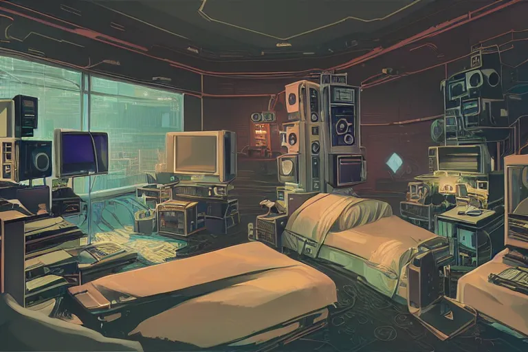 Prompt: stunning concept illustration of a retrofuturism cyberpunk bedroom full of computers, by ron cobb, hd, 4 k