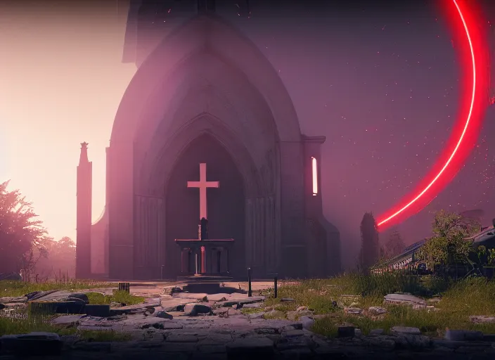 Prompt: symmetry!! centered!! ancient church of worship with red shafts of light in destiny 2, foggy, liminal, dark, dystopian, beautiful architecture, abandoned, highly detailed 4 k 6 0 fps destiny 2 promotional poster image wallpaper expansion