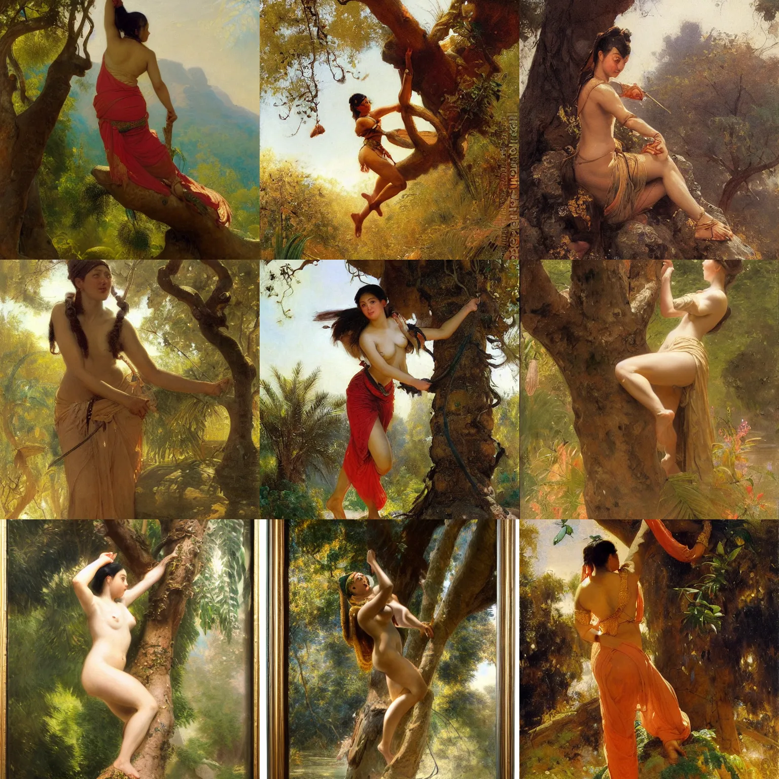 Prompt: orientalism painting of a young woman climbing a date tree by theodore ralli and nasreddine dinet and anders zorn and edwin longsden long, bronze age, sword and sorcery, oil on canvas, masterful intricate artwork, excellent lighting, high detail 8 k