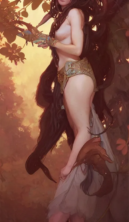 Image similar to cute Whimsical Tiefling Druid with cute horns , light-brown skin, D&D, fantasy, portrait, highly detailed, digital painting, artstation, concept art, sharp focus, illustration, art by greg rutkowski and alphonse mucha