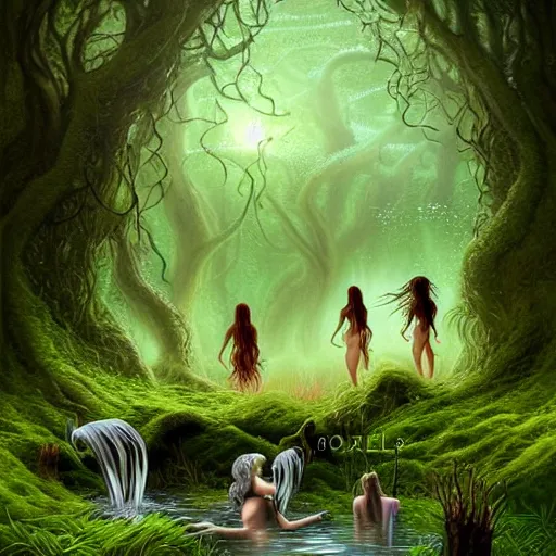 Image similar to beautiful digital fantasy illustration of A woody green field with a stream running through it, with a group of dryad women standing in the water. They seem to be preparing to submerge themselves in the cool, clear waters of the stream. a creepy creature standing in front of a mirror!, concept art by Alex Horley-Orlandelli!!, cgsociety contest winner!!!, gothic art,!!!!, cgsociety, fantasy art, highly detailed, soft lighting, rendered in octane, masterpiece, very very very aesthetic