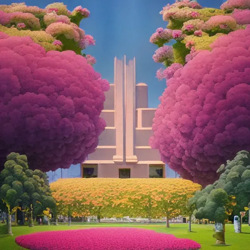 Image similar to a painting of an art deco building surrounded by flowers, a watercolor and matte painting by beeple and rhads and maxfield parrish, cgsociety, artdeco, dystopian art, sci - fi, artstation hq