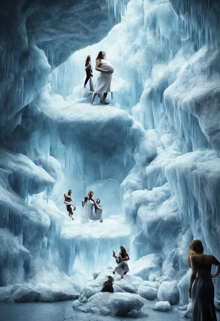 Image similar to epic pregnant woman making a speech to all her white tribe, proud people looking at the pregnant woman, ice cave, facinating, fantasy digital art, octane render, beautiful composition, trending on artstation, award - winning photograph, masterpiece