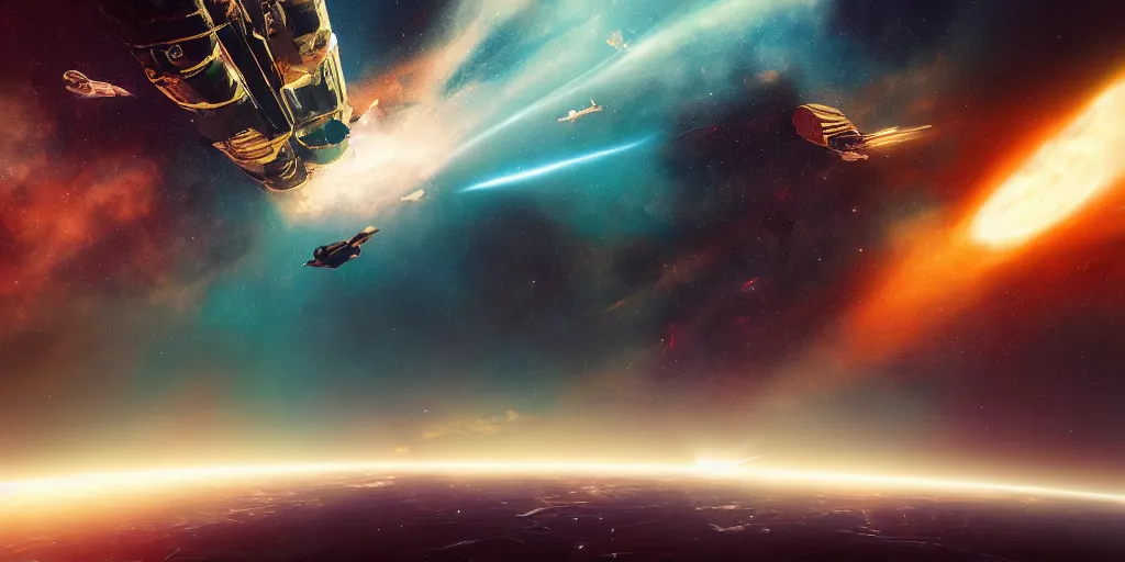 Prompt: cinematic silk road lanscape, rocket ship, space station, nebula clouds, science fiction scene, epic lighting, cinematic compositon, hyperrealistic