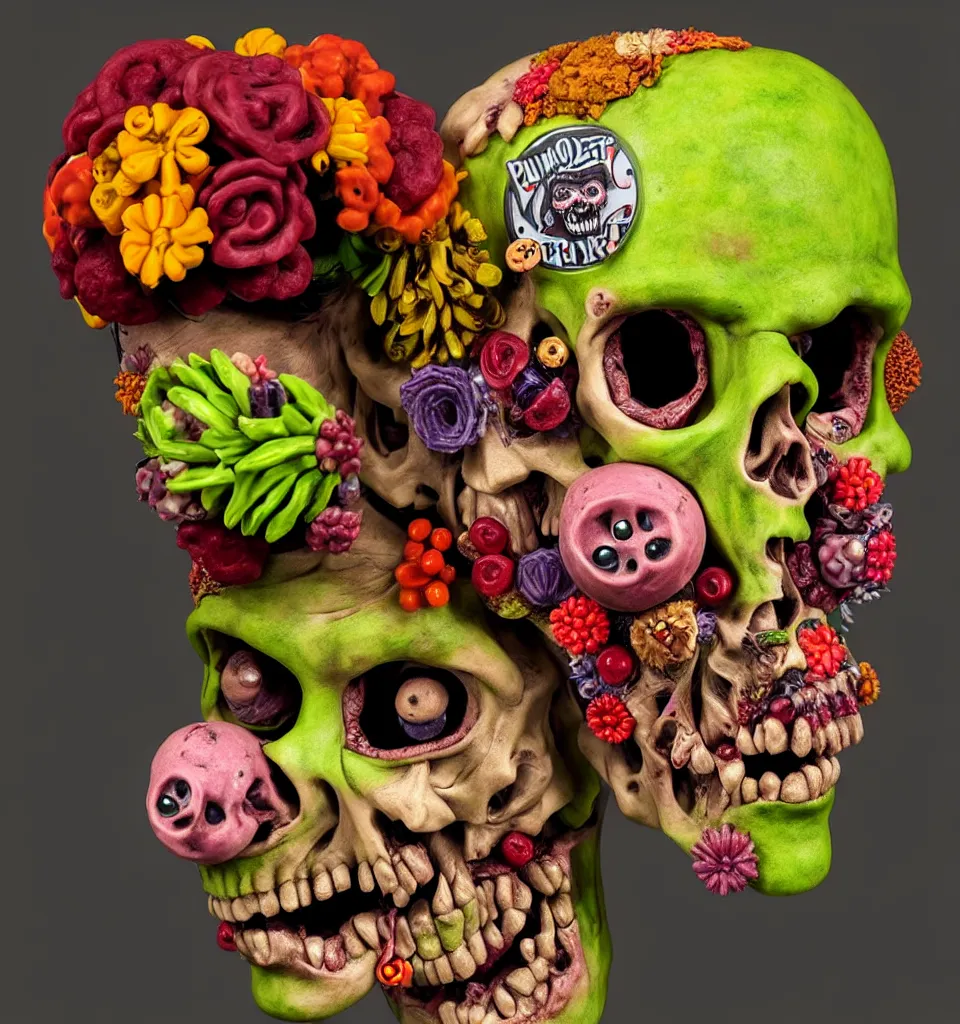 Image similar to portrait headshot of a zombie punk, head made of fruit and flowers in the style of arcimboldo, photorealistic, dynamic lighting, action figure, clay sculpture, claymation, soft multicolor background