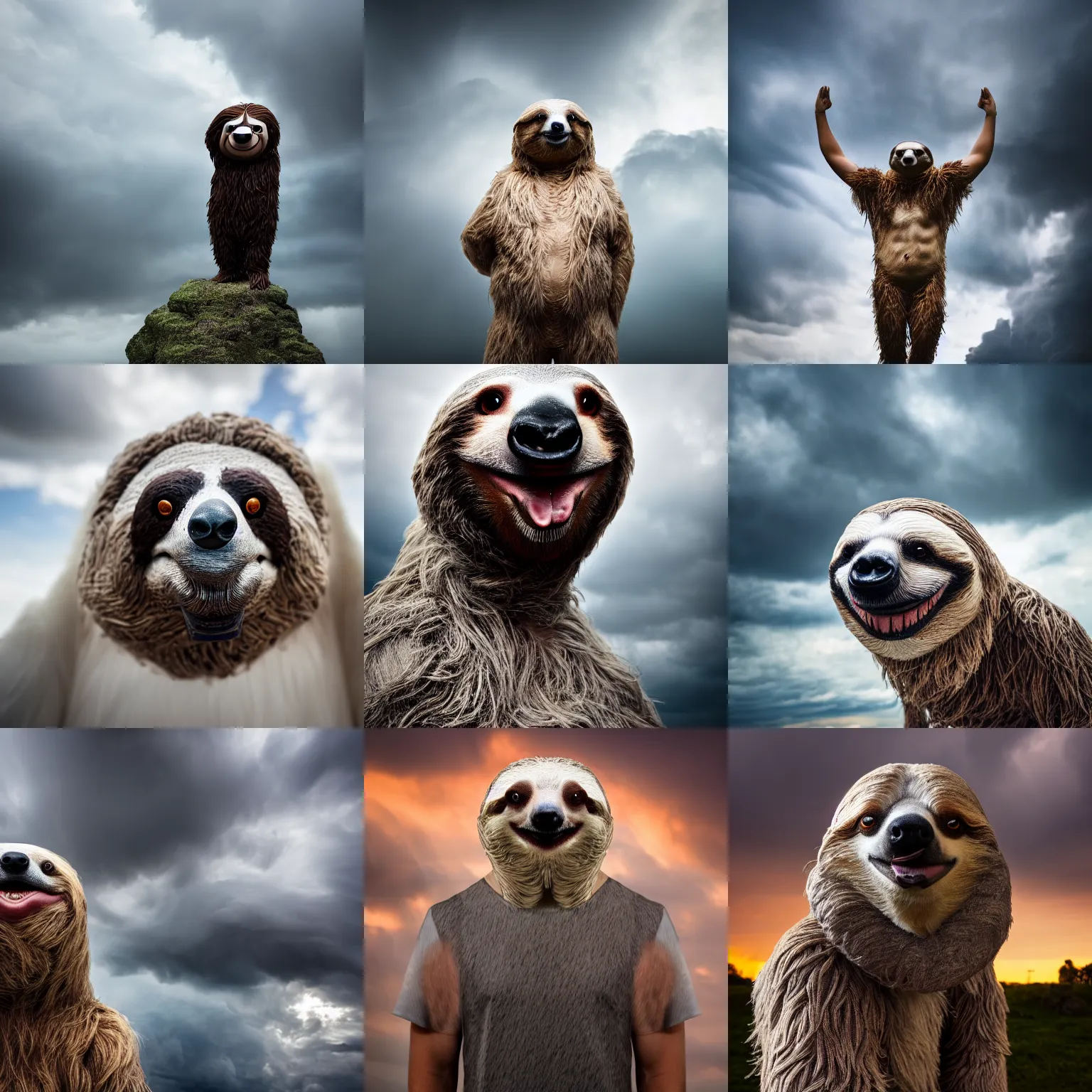 Prompt: thunder - god zeus mixed with anthropomorphic sloth in the clouds with thunder xf iq 4, f / 1. 4, iso 2 0 0, 1 / 1 6 0 s, 8 k, raw, unedited, symmetrical balance, in - frame