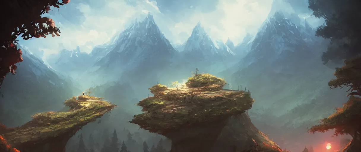 Image similar to floating islands over forest, mountains in background, concept art, low angle, cinematic, style of jordan grimmer