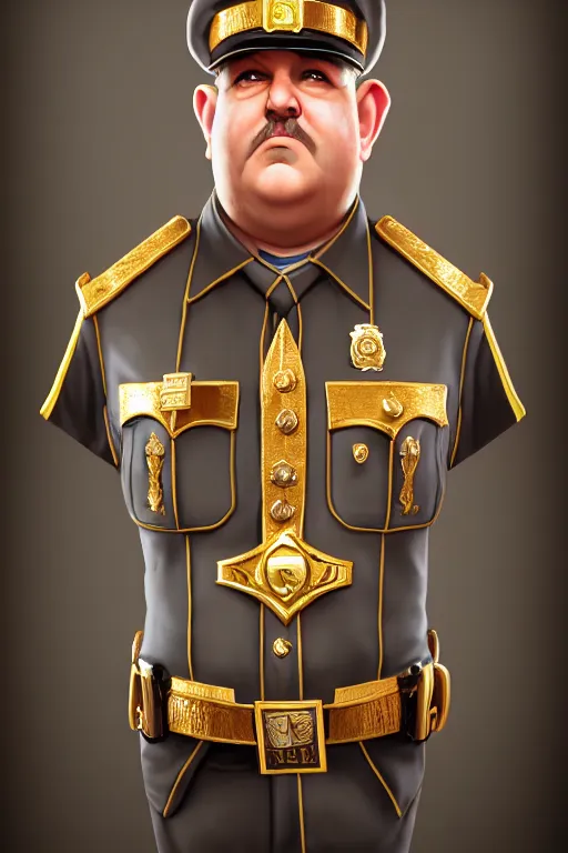 Prompt: a shifty fat high elf mall cop with a sheriff's badge, Oil Painting, hyperrealistic, octane render, Detailed Digital Art, RPG portrait, 3/4 bust, dynamic lighting, Highly Detailed, Cinematic Lighting, 8k, HD