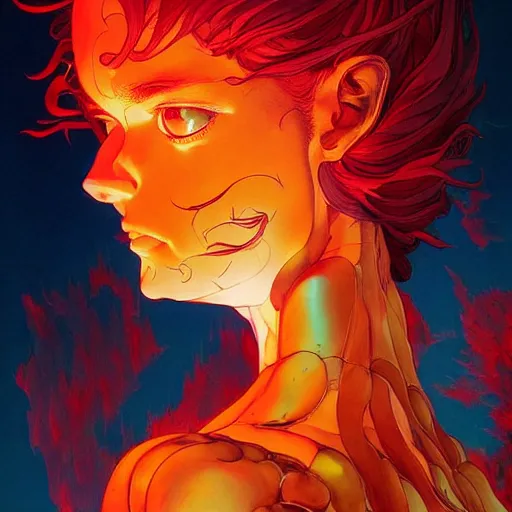 Image similar to prompt : flames portrait soft light painted by james jean and katsuhiro otomo and erik jones, inspired by evangeleon anime, smooth face feature, intricate oil painting, high detail illustration, sharp high detail, manga and anime 1 9 9 9