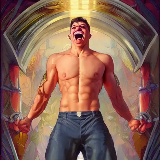 Image similar to character concept, full body, symmetrical, laughing young man with strong body. detailed, high quality, dynamic lightning, fantasy, scenematic. artwork by artgerm, wlop, alex ross, greg rutknowski, alphonse mucha