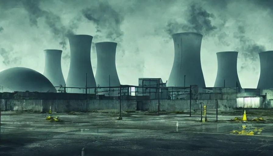 Image similar to Outside a Factory, Glowing Nuclear Waste Fluids Gush out of a Nuclear Facility, Dystopian, Hyperrealistic Rendering, Cinematic Lighting, High Contrast