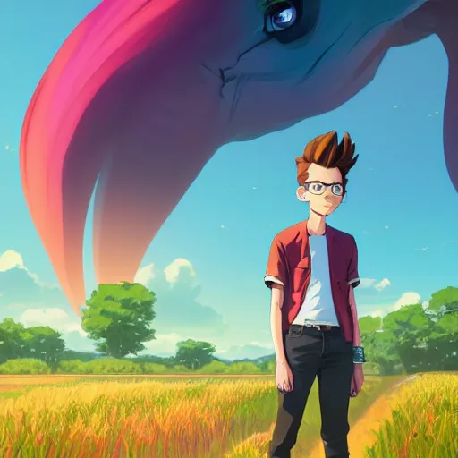 Image similar to portrait of Jimmy Neutron, farm field background, rich vivid colors, ambient lighting, dynamic lighting, 4k, HQ, official media, anime key visual, makoto shinkai, ilya kuvshinov, lois van baarle, rossdraws, detailed, trending on artstation