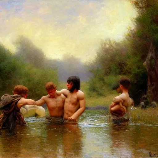 Image similar to young shepherds wrestling by a river, playful, male, muscular, detailed face, gorgeous, amazing, muscular, intricate, highly detailed, painting by Gaston Bussiere, Craig Mullins