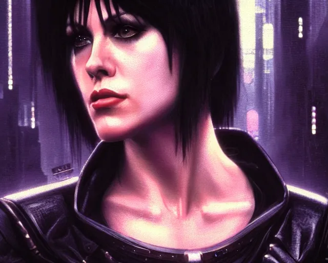 Image similar to a 4 k cinematic screenshot still portrait of joan jett in bladerunner, deep focus, d & d, fantasy, intricate, elegant, highly detailed, digital painting, artstation, concept art, matte, sharp focus, illustration, dark fantasy style art, hearthstone, art by artgerm and greg rutkowski and alphonse mucha