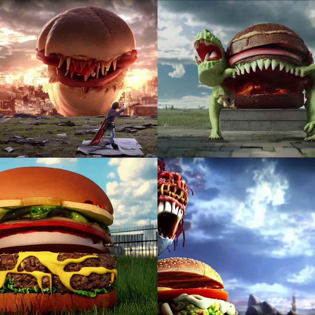 Prompt: attack on titans monster eating chesseburger, commercial, vray 8k