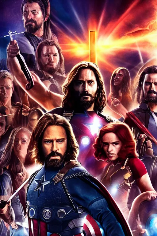 Prompt: poster for a jesus christ avengers movie, jesus posing with his cross as a weapon, photorealistic, cinematic lighting, extremely detailed, marvel cinematic universe