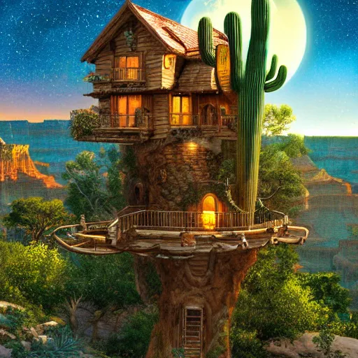 Image similar to fancy treehouse mansion built in a giant cactus on top of plateau overlooking grand canyon detailed luminescent magical realism 4 k painting