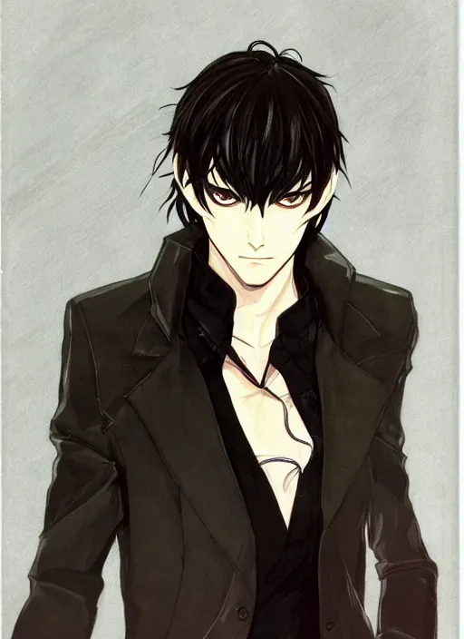 Prompt: portrait illustration by shigenori soejima, handsome male vampire, focus on face, pretty, long black hair, dark blue shirt, light brown trenchcoat