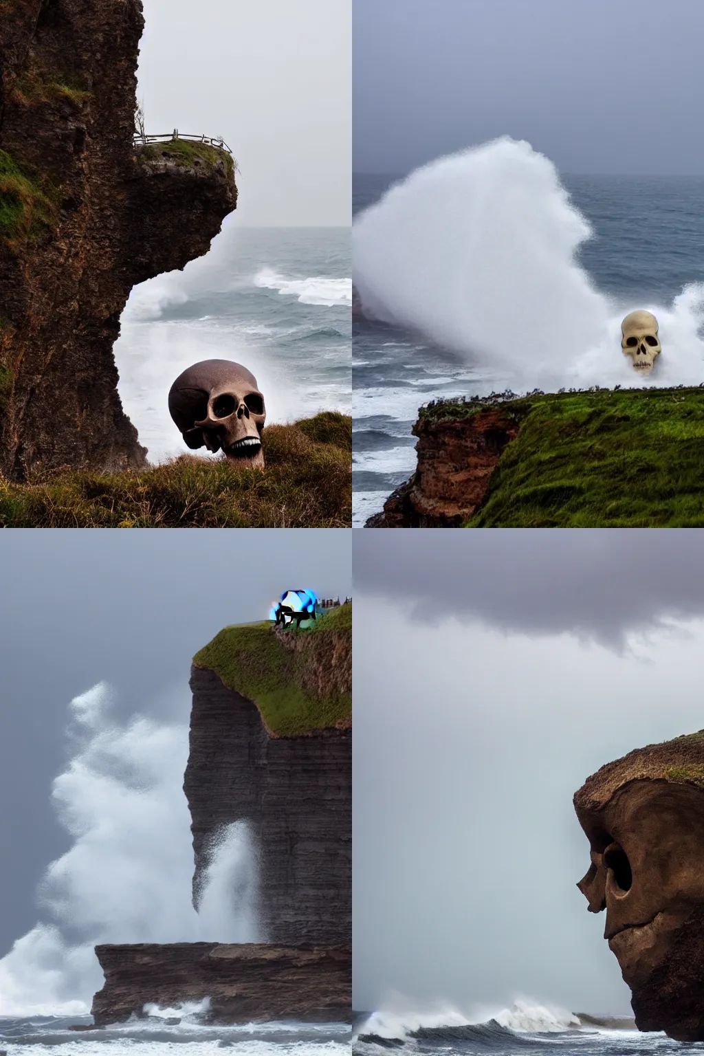 Prompt: giant human skull portruding from the side of a cliff facing the sea, waves crashing, storm, epic, dramatic