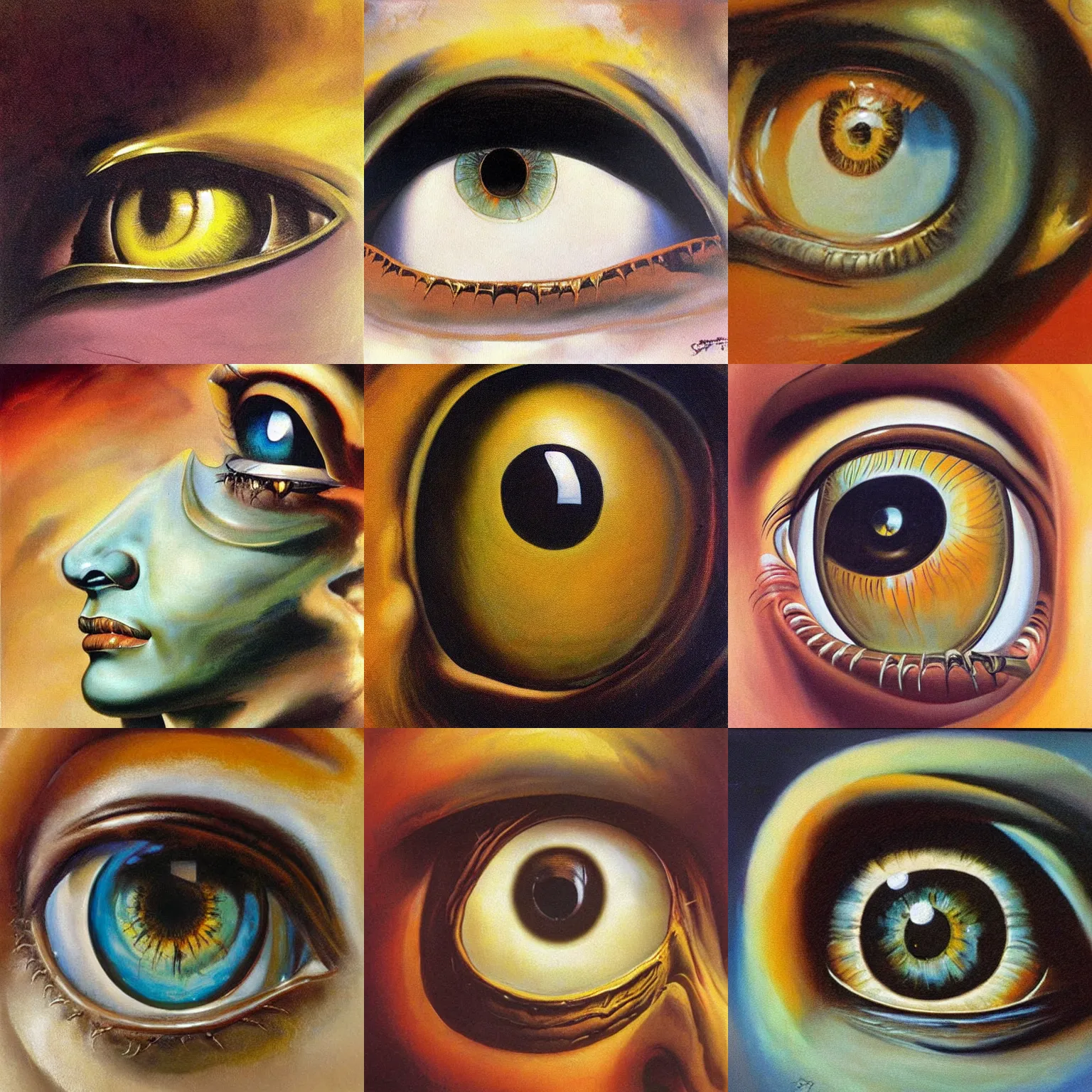 Prompt: worksafe. a perfect painting artwork by boris vallejo, frank frazetta, salvador dali, of a close - up, very closeup large image of a single eye.