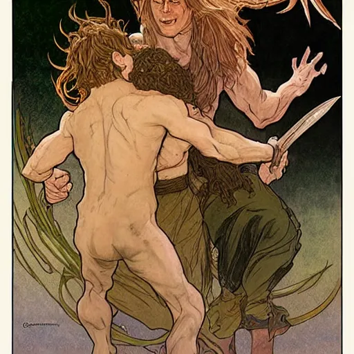 Image similar to hobbits wrestling with demons, hyper realistic, digital painting. art station. mood lighting, highly detailed, concept art, intricate, sharp focus, by shaun berke and alphonse mucha, milo manara - h 1 2 0 0