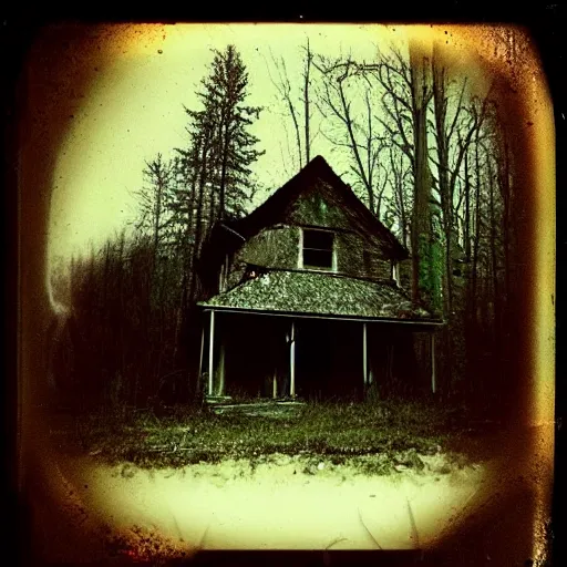 Prompt: a broken down, abandoned house in the middle of a dark forest, scary, grotesque, old photo, polaroid