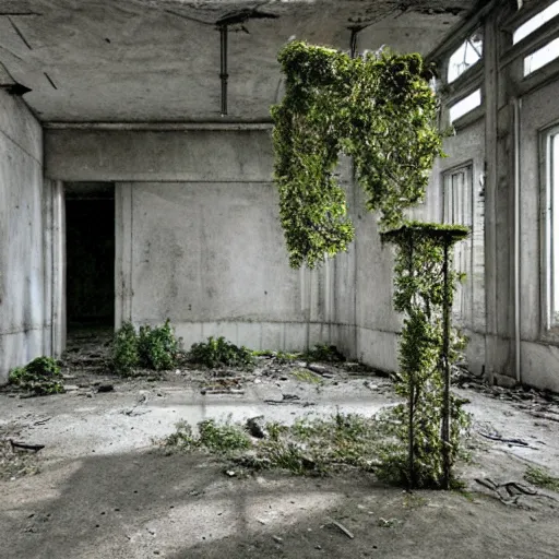 Prompt: an abandoned room in a concrete building, few overgrown plants, dreamy, overcast, by hans bellmer