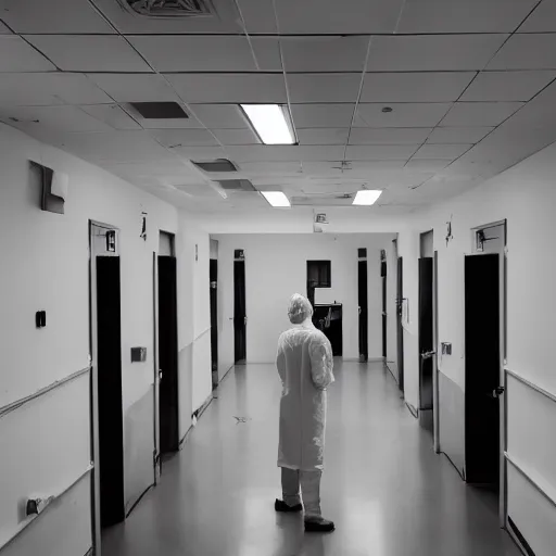 Image similar to a sad surgeon standing in an empty operating theater, award winning photography, law of thirds, black and white