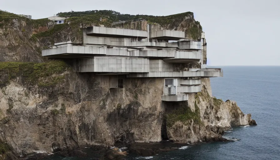 Image similar to brutalist base perched on a cliff overlooking a magnificient bay, brutalism architecture on cliffs, drawing architecture, pritzker architecture prize, cliffs crashing into the water below, cliffside, greig fraser