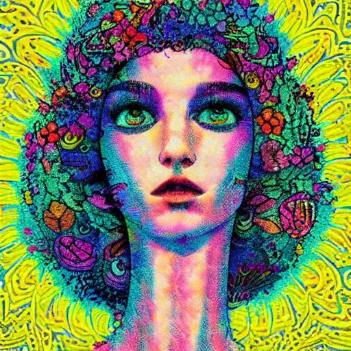 Prompt: beautiful pale brunette with giant dreamy eyes. Lsd blotter art.