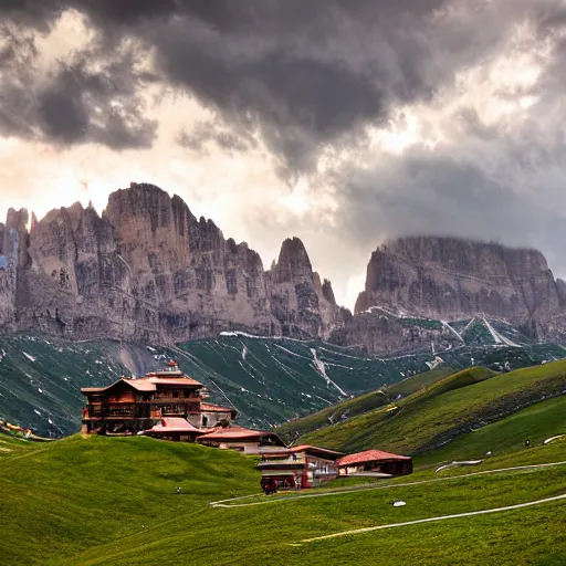 Prompt: Seceda right before the storm, Dolomites Italy