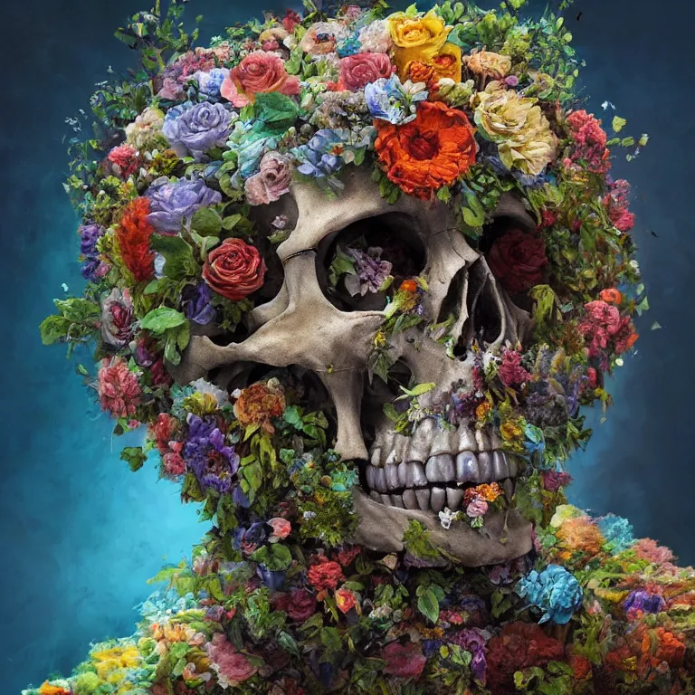 Image similar to A beautiful oil painting hyperrealism of a decayed head, rotting clay skin, skull bones, flowers, floral headdress, 8k resolution, octane render, Trending on artstation, by Gediminas Pranckevicius, volumetric light 2blue fractal Thunder glow by dan mumford, anaglyph effect, Laurie Lipton