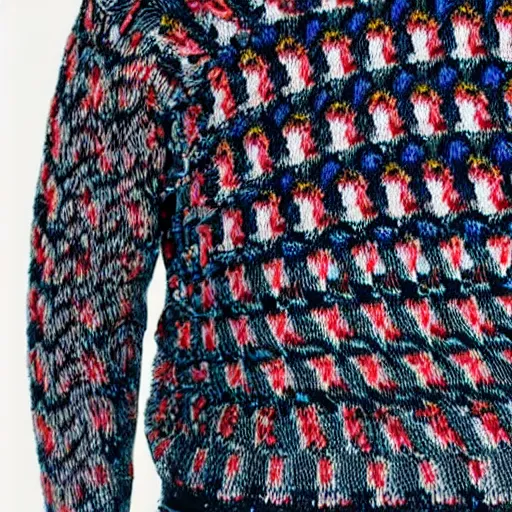 Prompt: a wool sweater knit with a repeating digital computer signal pattern