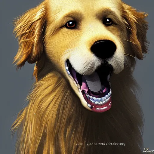 Image similar to portrait of a fluffy golden retriever dog, happy with his mouth open, D&D, fantasy, intricate, cinematic lighting, highly detailed, digital painting, artstation, concept art, smooth, sharp focus, illustration, art by Generate Labs and Kenichi Nishida