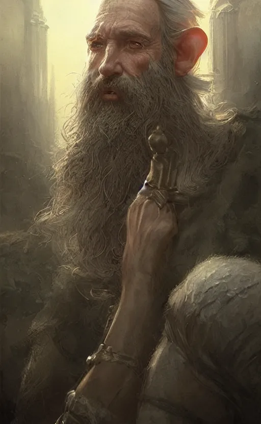 Image similar to Portrait of elf in his 50s with a long beard and monacle, male, detailed face, fantasy, highly detailed, cinematic lighting, digital art painting by greg rutkowski