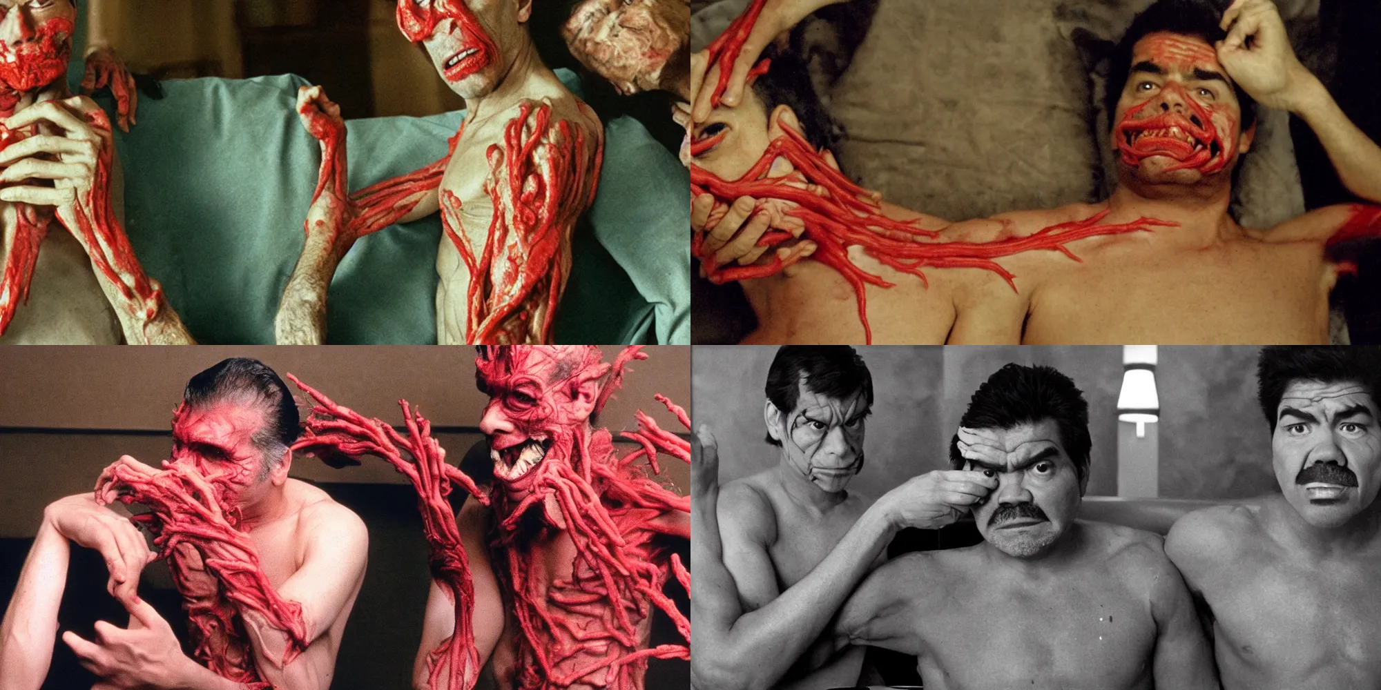 Prompt: george lopez body horror directed by david cronenberg, hotel lobby, limb mutations, swollen veins, red flesh strings, cinestill 8 0 0 t, 1 9 8 0 s movie still, film grain