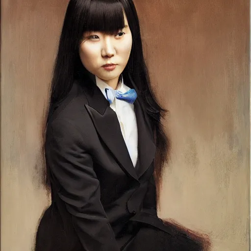 Image similar to portrait of a beautiful korean girl wearing a men's tuxedo, with long hair and bangs, angular features, angry expression, oil on canvas, elegant pose, masterpiece, Jonathan Yeo painting