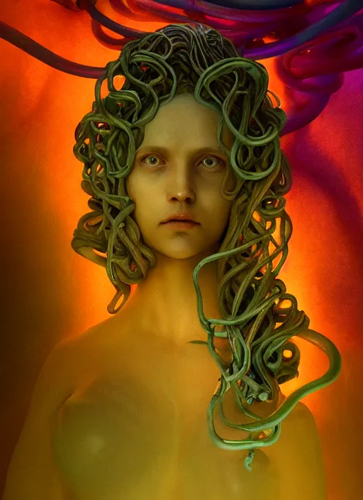 Image similar to medusa made of soft translucent wax, wooden art nouveau swirls, strong subsurface scattering, cables, tubes, subsurface scattering, in the style of ruan jia and beeple and giger, subsurface scattering, mystical colors, back light, rim light, dramatic lighting, 8 k, stunning scene, raytracing, octane render, trending on artstation