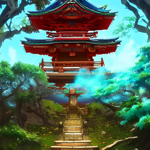 Image similar to a beautiful painting of detailed japanese treehouse shrine, breath of the wild, hyrule, inspired by cyril rolando, david wiesner, ornate, intricate, emitting light ornaments, volumetric lighting, cgsociety, alizarin red, brick red