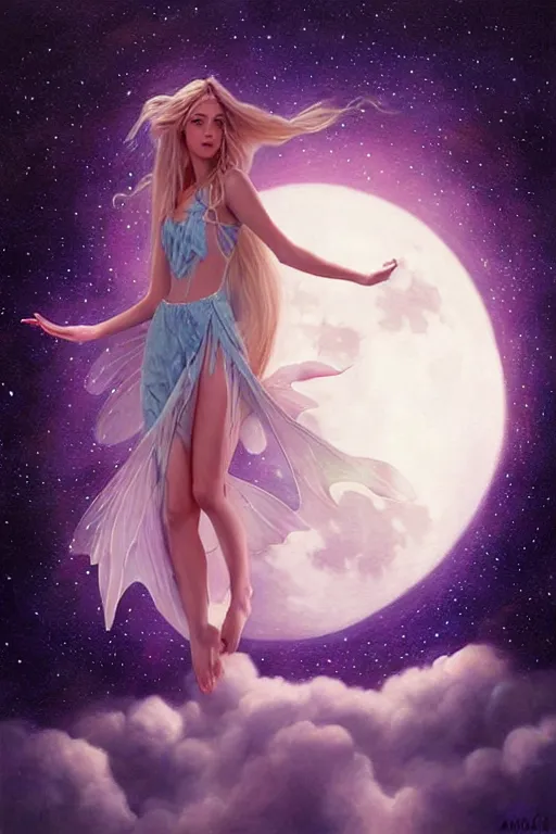 Image similar to attractive fairy magically floating high in the night, fantasy, full moon in background. highly detailed painting by artgerm, mid shot, 8 k