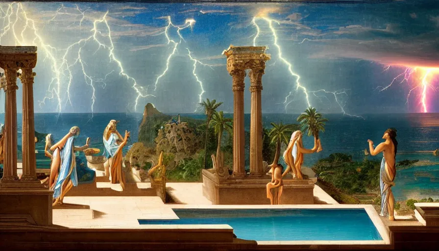 Prompt: From the balcony of the giant Palace, mediterranean balustrade and columns, refracted line and sparkles, thunderstorm, greek pool, beach and Tropical vegetation on the background major arcana sky and occult symbols, by paul delaroche, hyperrealistic 4k uhd, award-winning, very detailed paradise