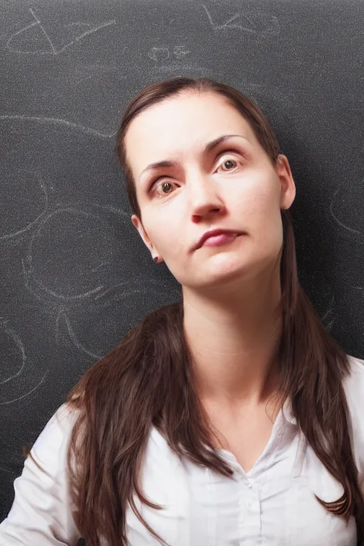 Prompt: photo of depressive teacher near blackboard, women, 2 5 year old, portrait, realistic, detailed