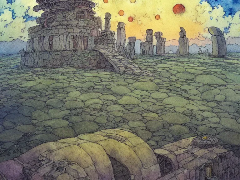 Image similar to hyperrealist studio ghibli watercolor fantasy concept art of an immense earthship solar home from howl's moving castle sitting on stonehenge like a stool. it is a misty starry night. by rebecca guay, michael kaluta, charles vess