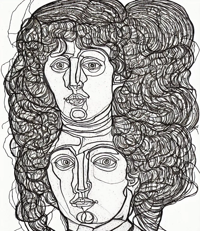 Prompt: detailed line art portrait of joan of arc, inspired by egon schiele. caricatural, minimalist, bold contour lines, musicality, soft twirls curls and curves, confident personality, raw emotion