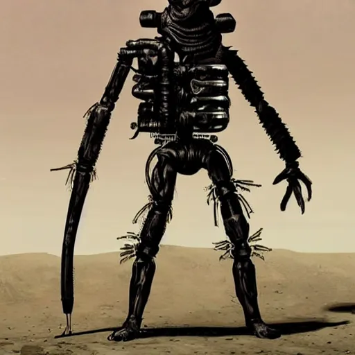 Prompt: ant humanoid mechanic, post-apocalyptic, mad max style,
