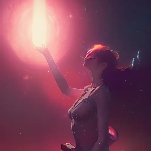 Image similar to a beautiful, powerful woman sitting in space, reaching her hand out toward the camera, emanating magic from her palms, cgsociety contest winner, illustrated by mike beeple winklemann, greg rutkowski, and gaston bussiere, space art, portrait art, artstation, 4 k, 8 k