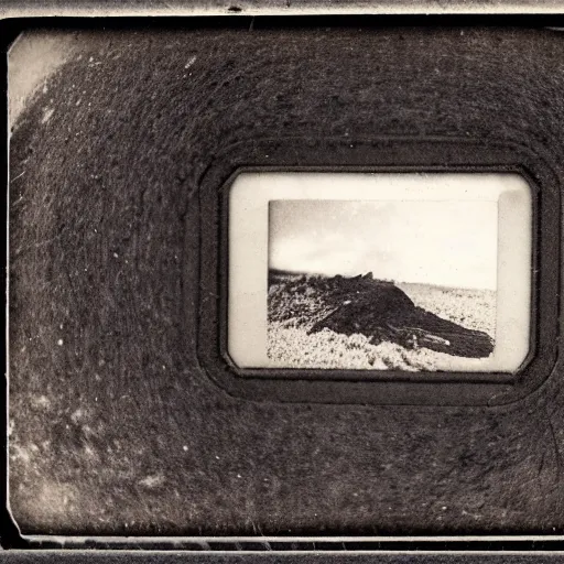 Image similar to daguerreotype polaroid photo of an sea monster in the heather on the north yorkshire moors