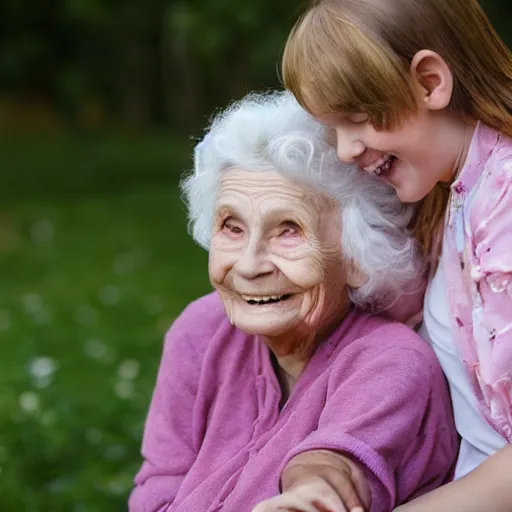 Prompt: An elderly lady has her little 3-year-old baby girl sitting on her lap. They are both happy.